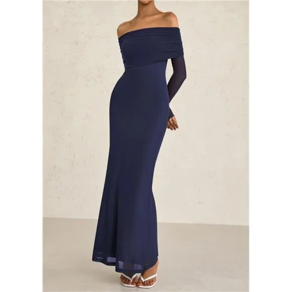 Women Elegant Off The Shoulder Maxi Dress Navy Blue - Picture 5 of 5